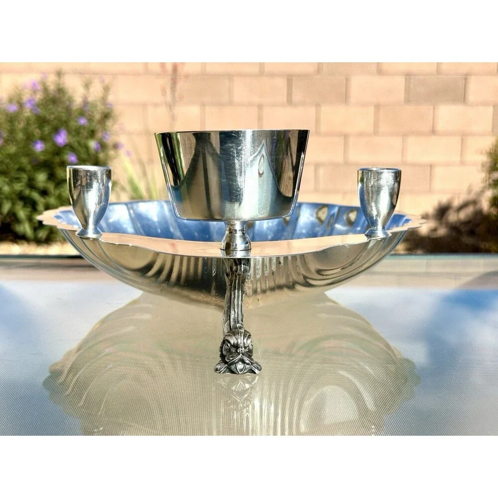 Vtg Silverplate Scallop Shell Shrimp Cocktail Server Dish 3 Cup Dolphin Handle